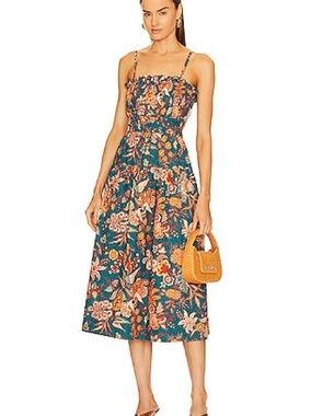 Ulla Johnson Teal Floral Midi/maxi Dress with Spaghetti Straps